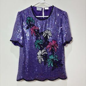 Vintage Stenay 100% Silk Purple Sequin Flowers Beaded Evening Blouse Women S/M